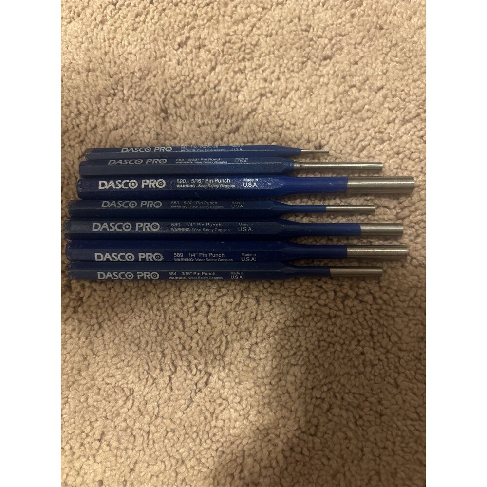 Set of 7 Dasco Pro Pin Punches – USA – Mixed Sizes  – 592 584 583 589 590